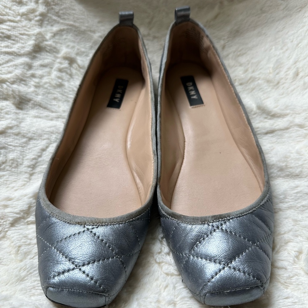 DKNY Metallic Silver Quilted Flats with Pointe Toe